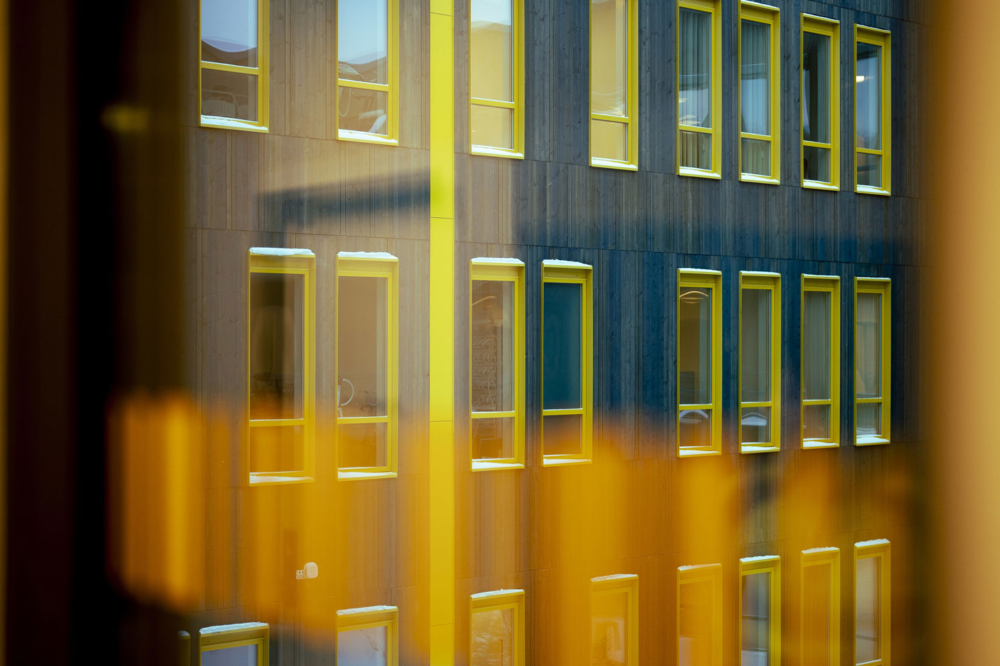 Fasaden til et bygg med brune vegger og gule karmer. Foto. 