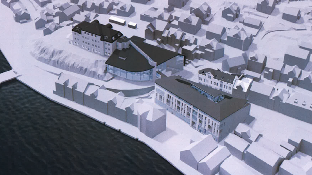 Illustrasjon av Eilert Sundt VGS - Farsund  ved havnen