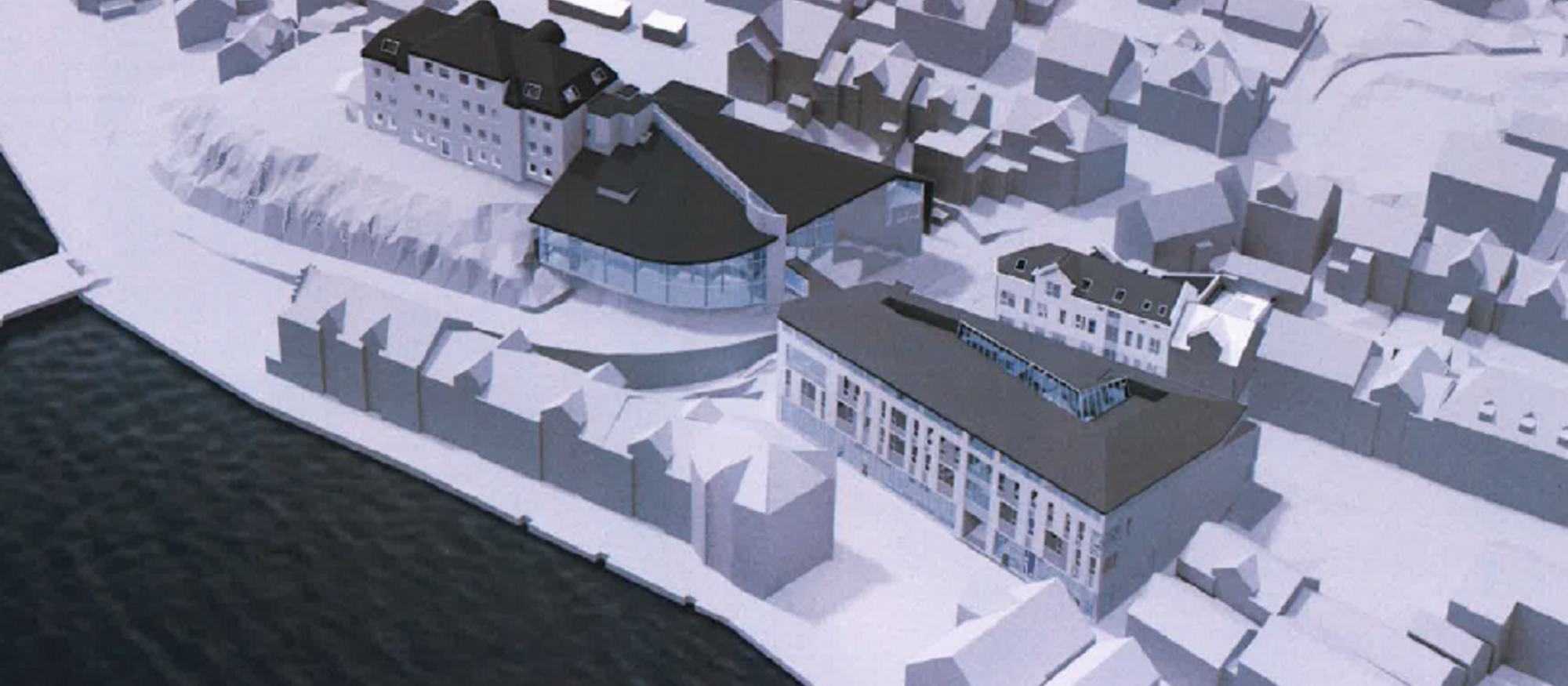 Illustrasjon av Eilert Sundt VGS - Farsund ved havnen. 