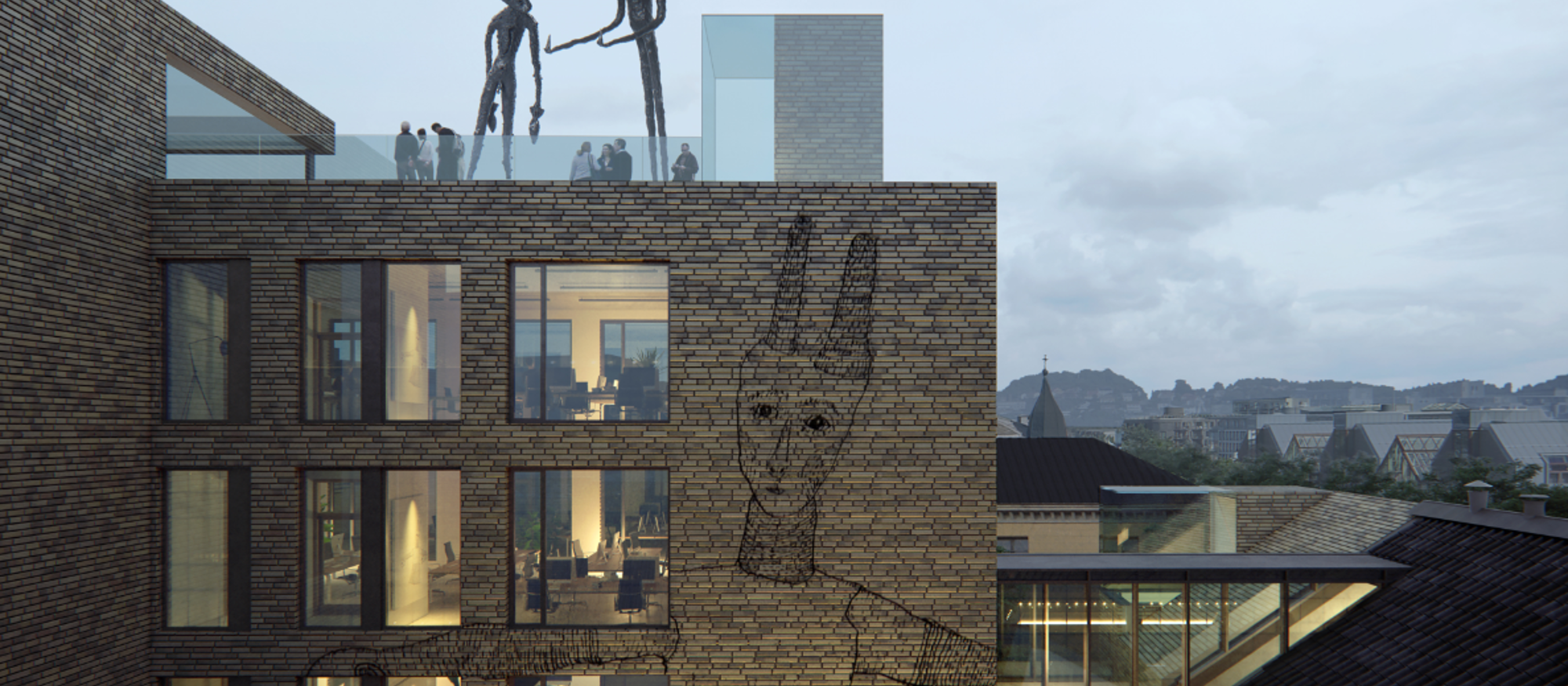 Moderne bygg med kunstneriske illustrasjoner på murveggen og kunst på taket. Illustrasjon. 