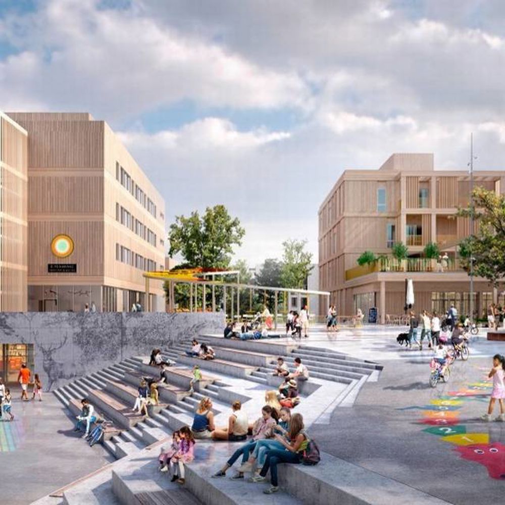 Bygninger rundt et torg og en trapp. Illustrasjon.