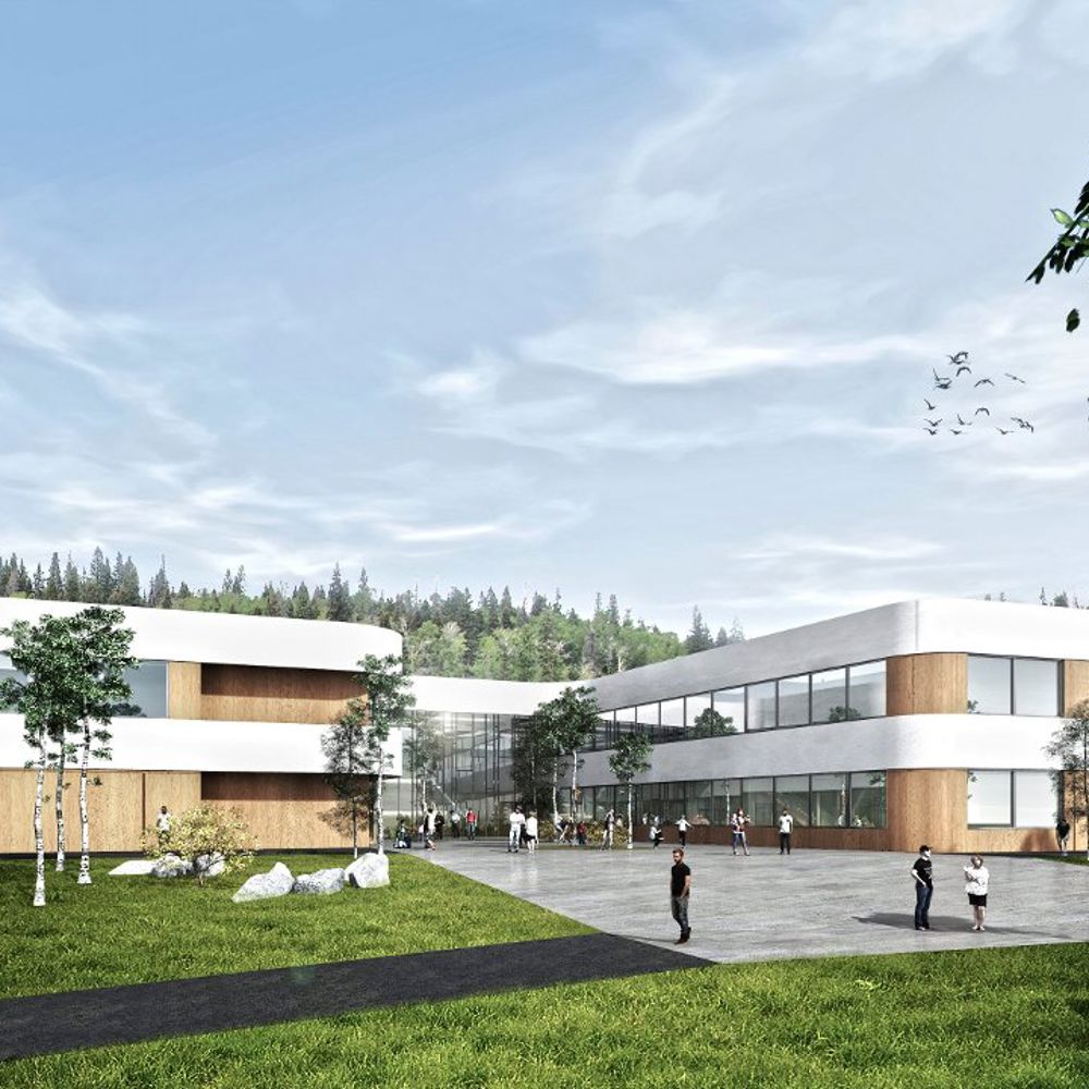 Moderne skolebygg i massivtre. Illustrasjon.